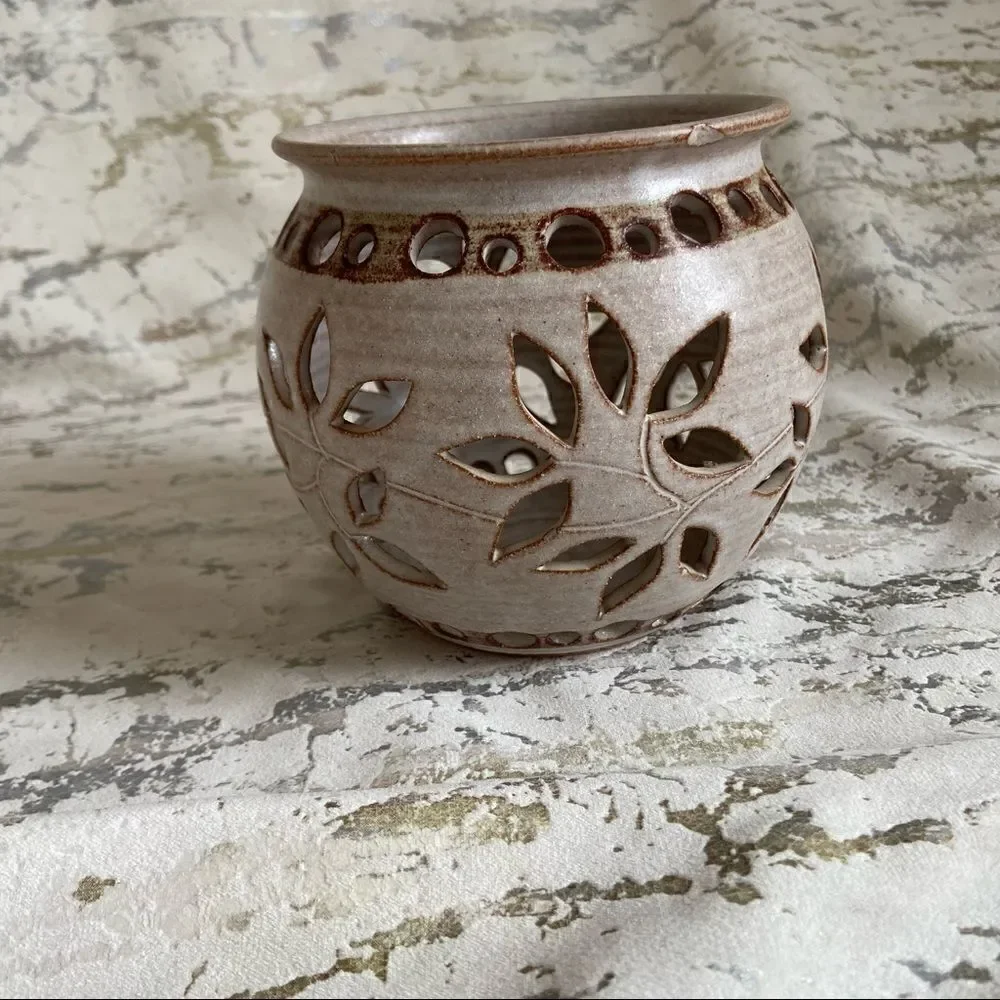 Vintage Hand glazed Pottery Signed Floral Cutout